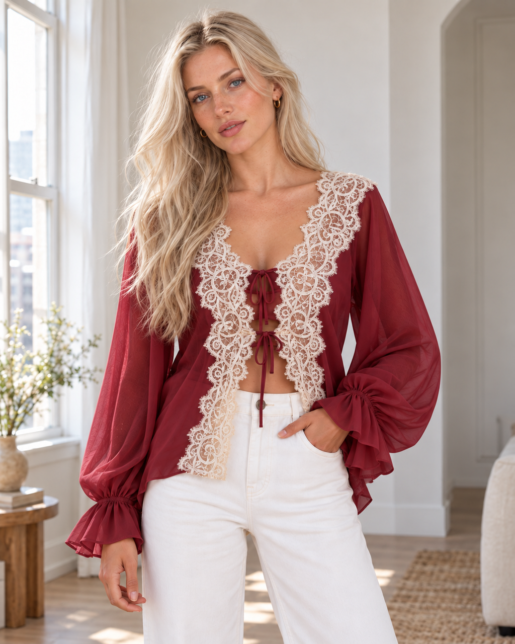 Sheer Lace Tie-Front Blouse in Wine Red, same original hero model and background, pose 4