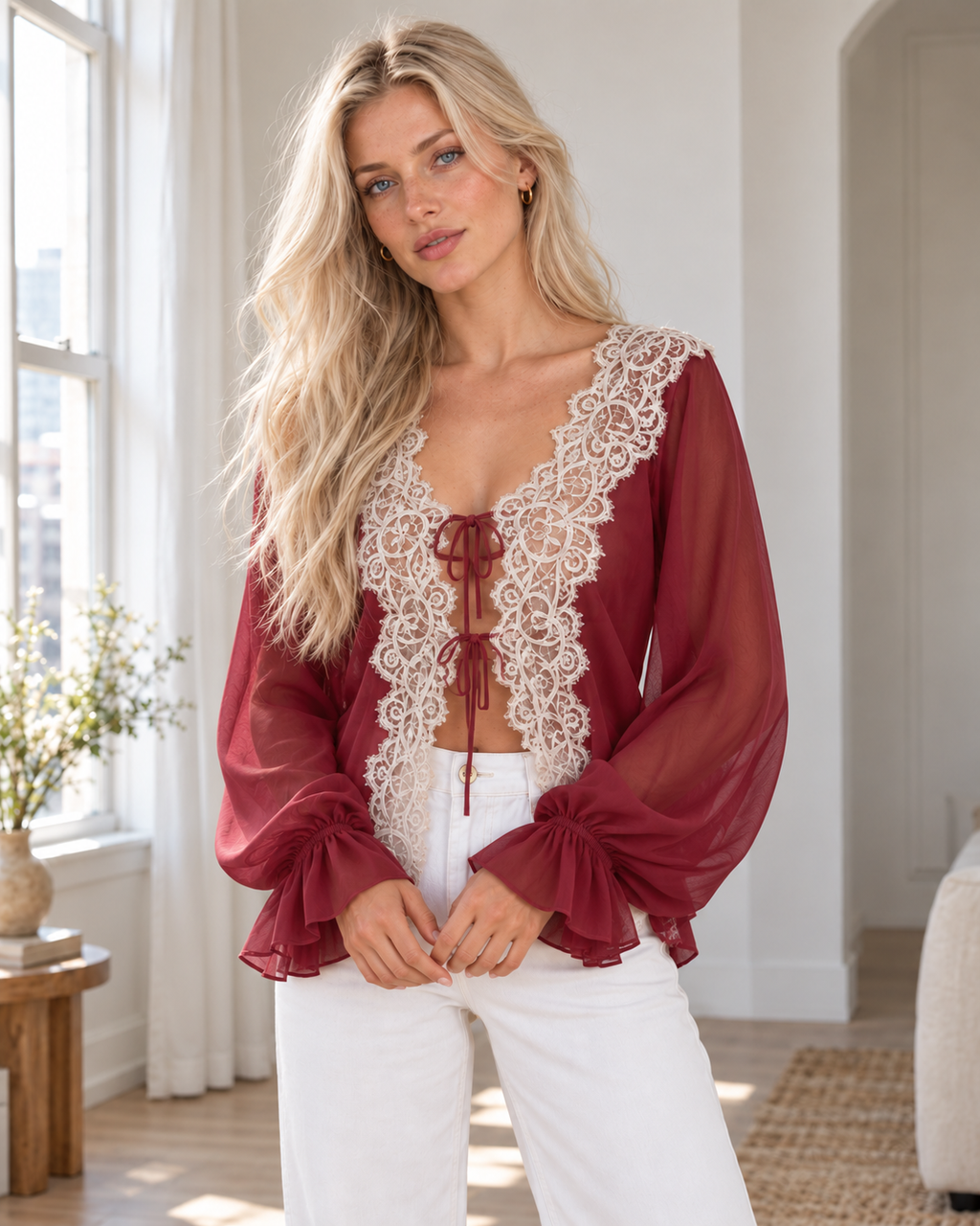 Sheer Lace Tie-Front Blouse in Wine Red, same original hero model and background, pose 5
