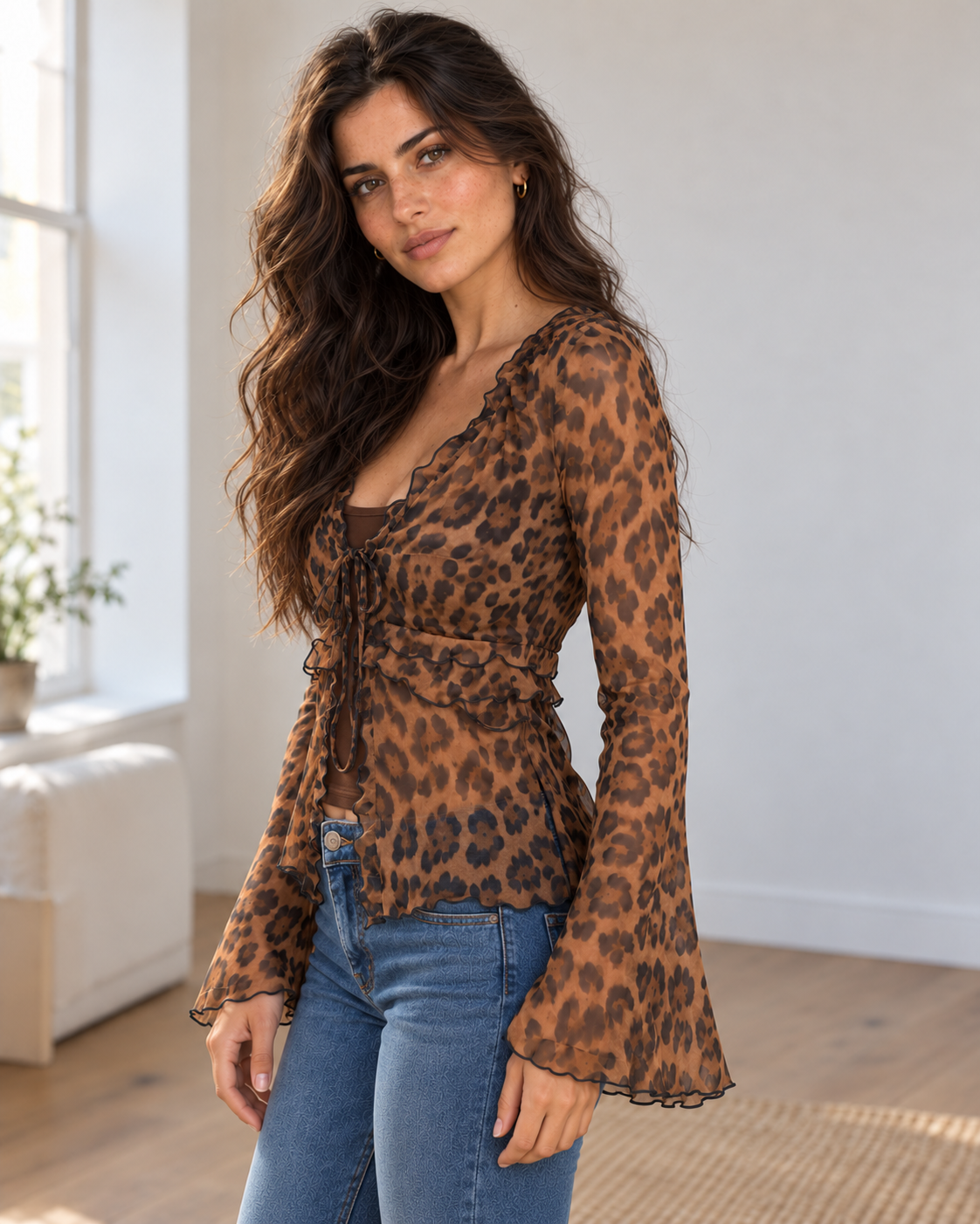 Blushenne Leopard Tie-Front Blouse — original hero model and room, pose 3