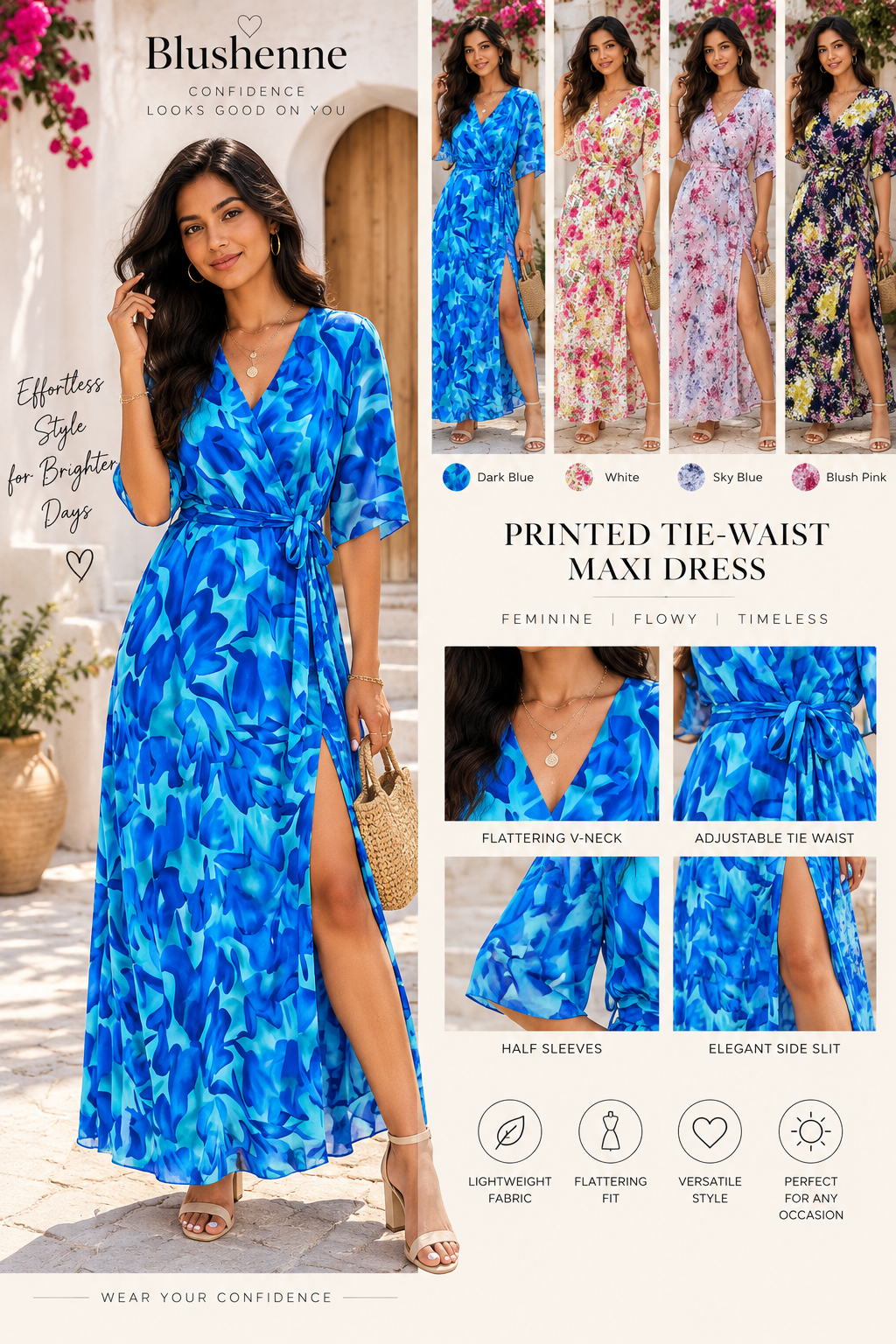 Blushenne printed tie-waist maxi dress in dark blue