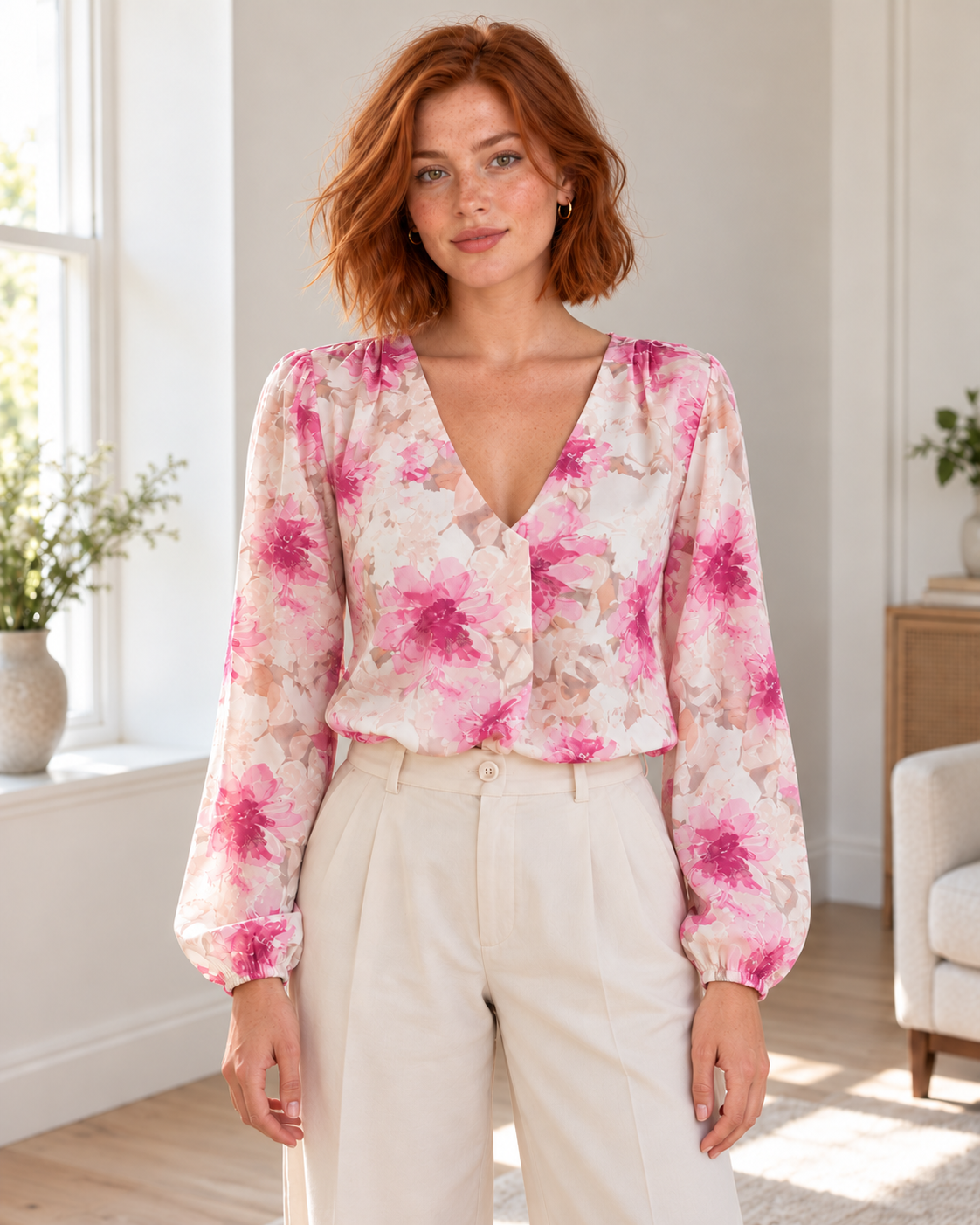 Blushenne Floral V-Neck Long-Sleeve Blouse, Fuchsia Pink, matching original hero model and background, pose 1