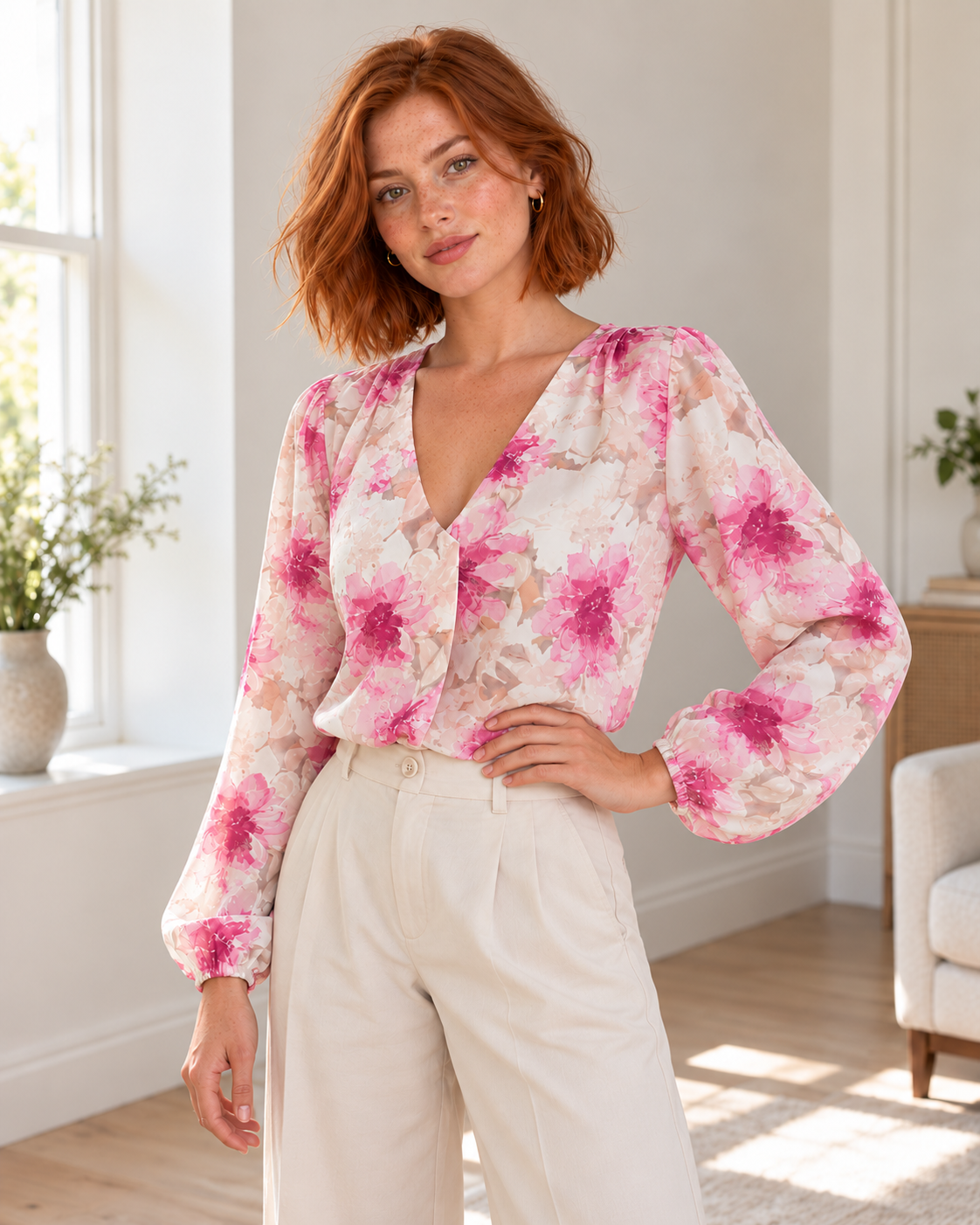 Blushenne Floral V-Neck Long-Sleeve Blouse, Fuchsia Pink, matching original hero model and background, pose 2