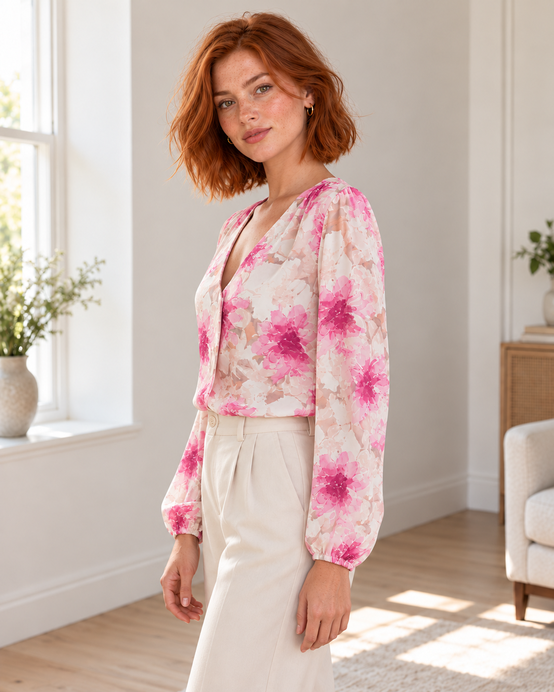 Blushenne Floral V-Neck Long-Sleeve Blouse, Fuchsia Pink, matching original hero model and background, pose 3