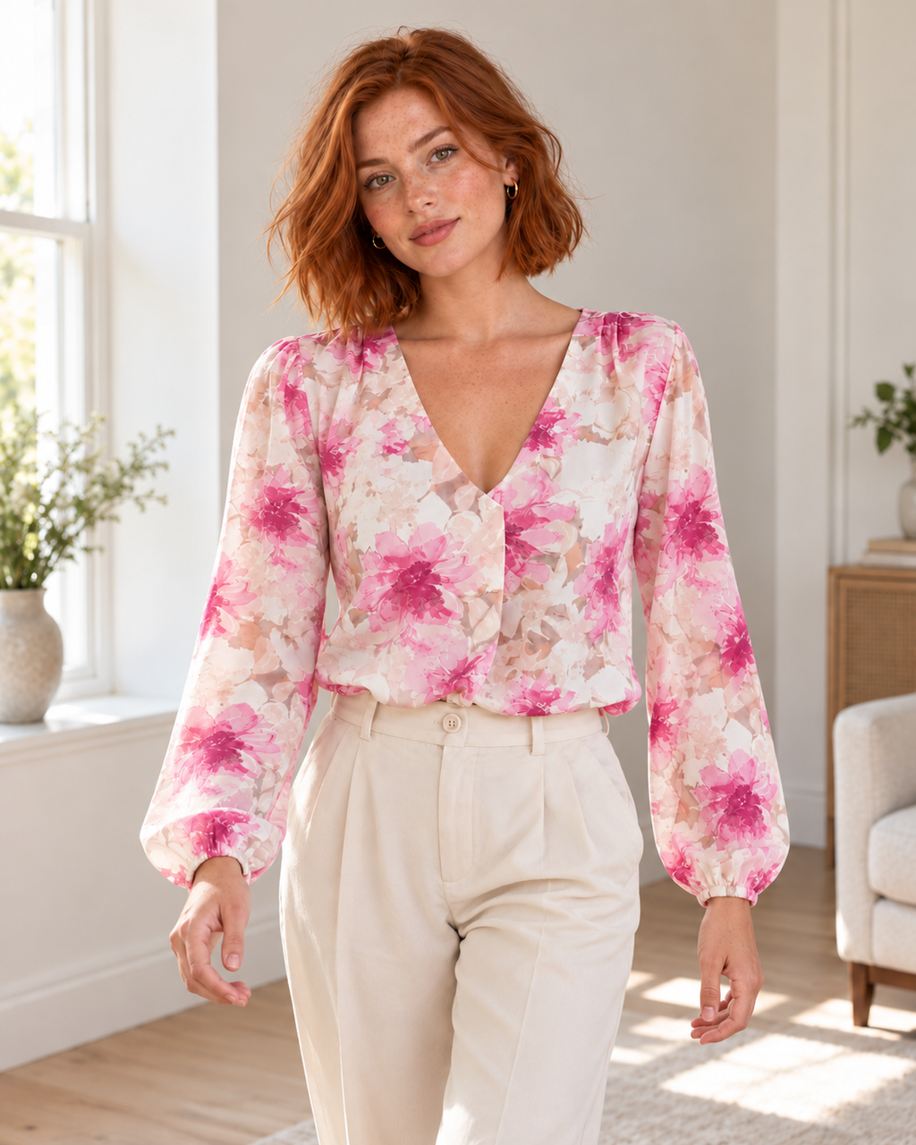 Blushenne Floral V-Neck Long-Sleeve Blouse, Fuchsia Pink, matching original hero model and background, pose 4