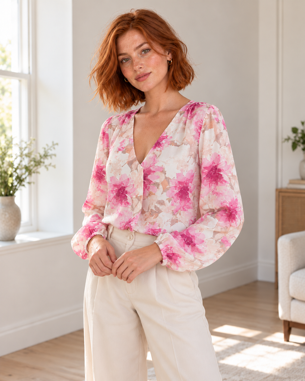 Blushenne Floral V-Neck Long-Sleeve Blouse, Fuchsia Pink, matching original hero model and background, pose 5