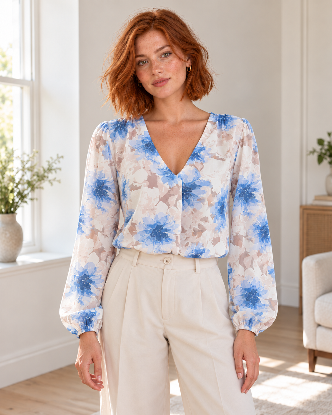 Blushenne Floral V-Neck Long-Sleeve Blouse, Sky Blue, matching original hero model and background, pose 1
