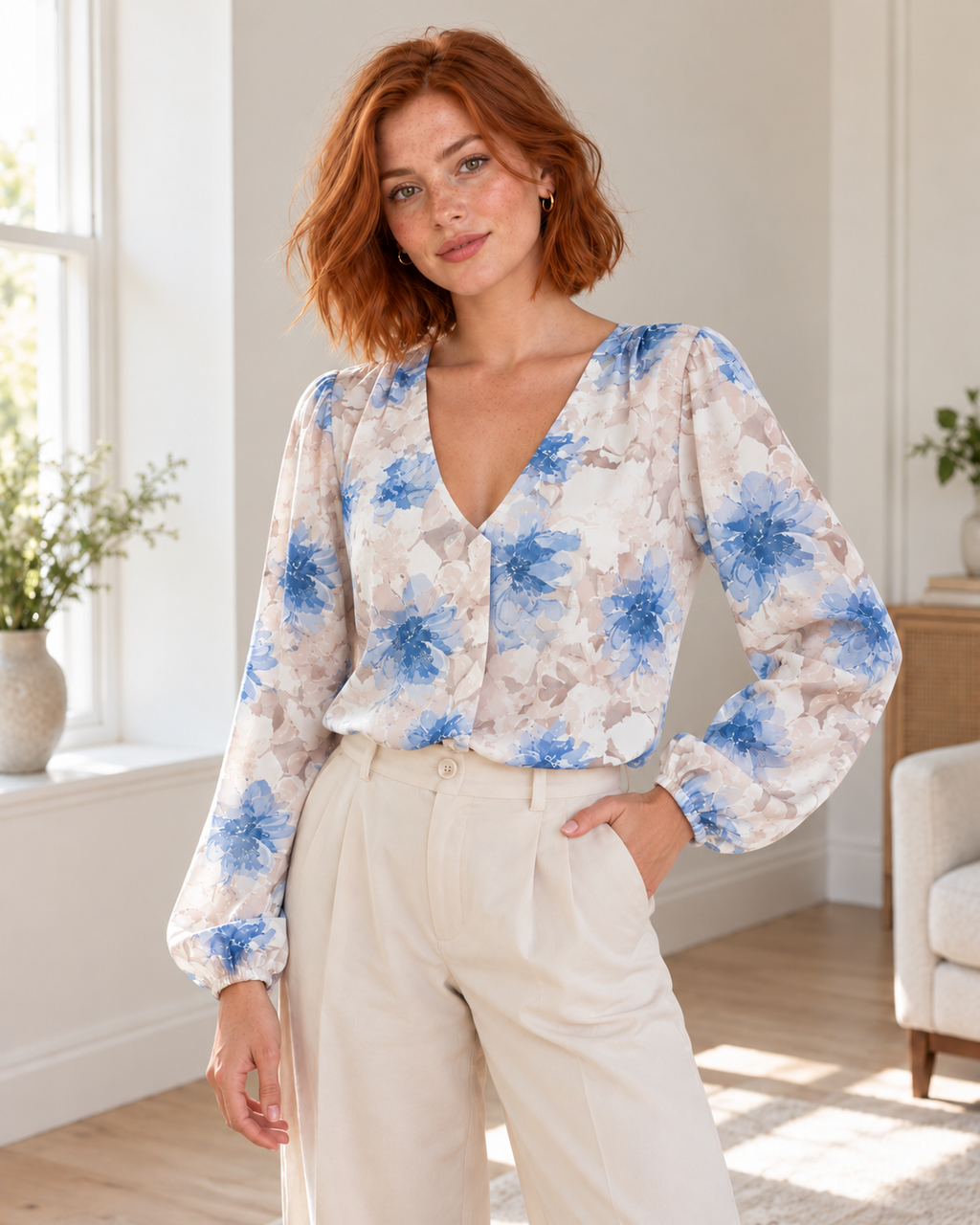 Blushenne Floral V-Neck Long-Sleeve Blouse, Sky Blue, matching original hero model and background, pose 2