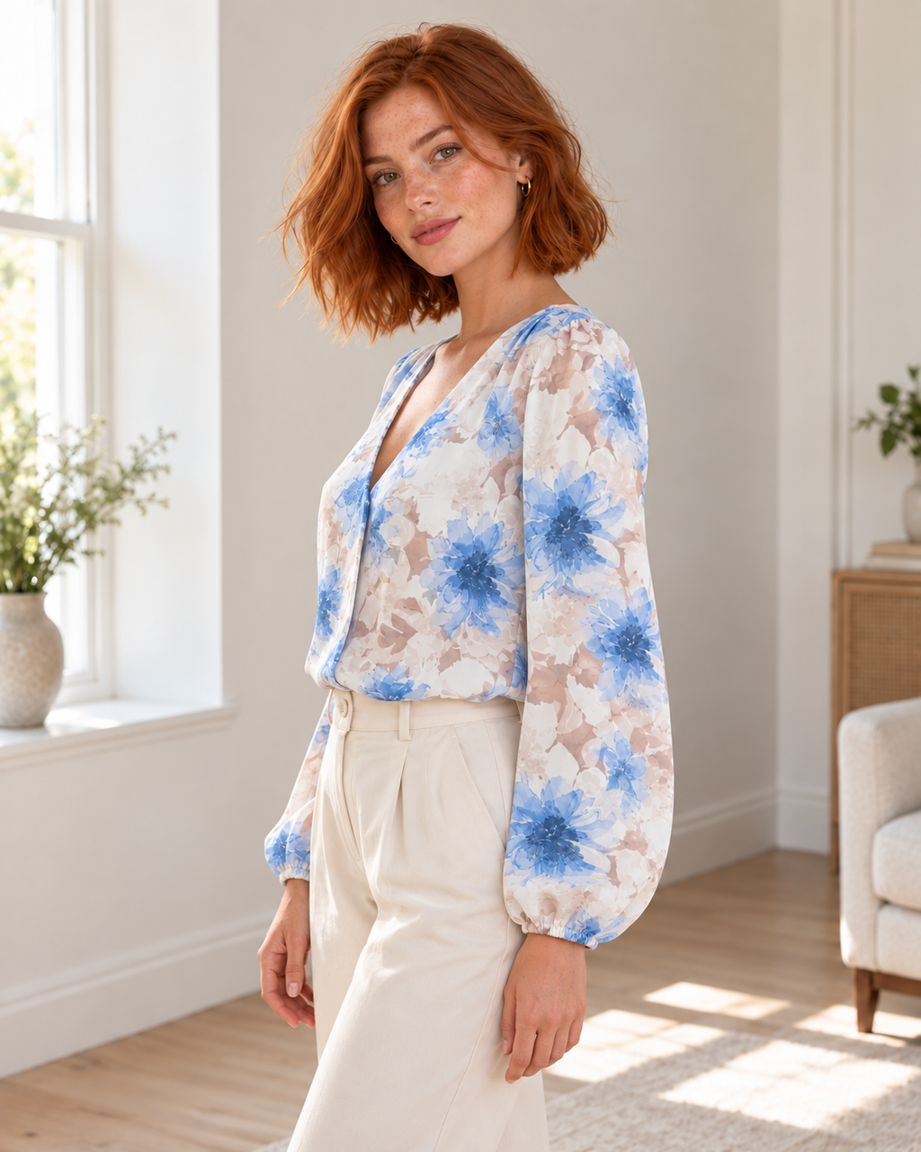Blushenne Floral V-Neck Long-Sleeve Blouse, Sky Blue, matching original hero model and background, pose 3