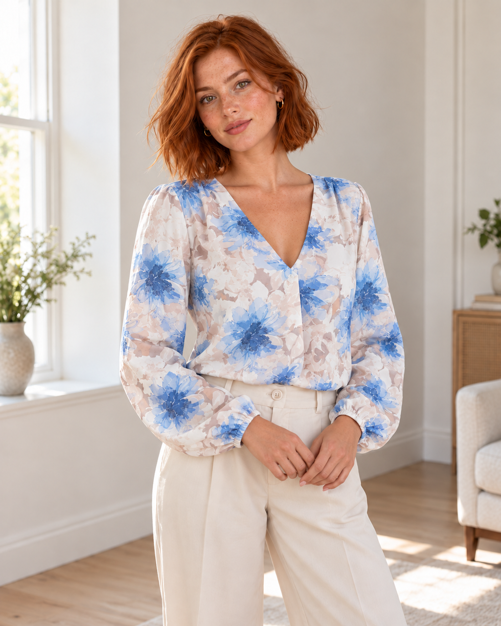 Blushenne Floral V-Neck Long-Sleeve Blouse, Sky Blue, matching original hero model and background, pose 5