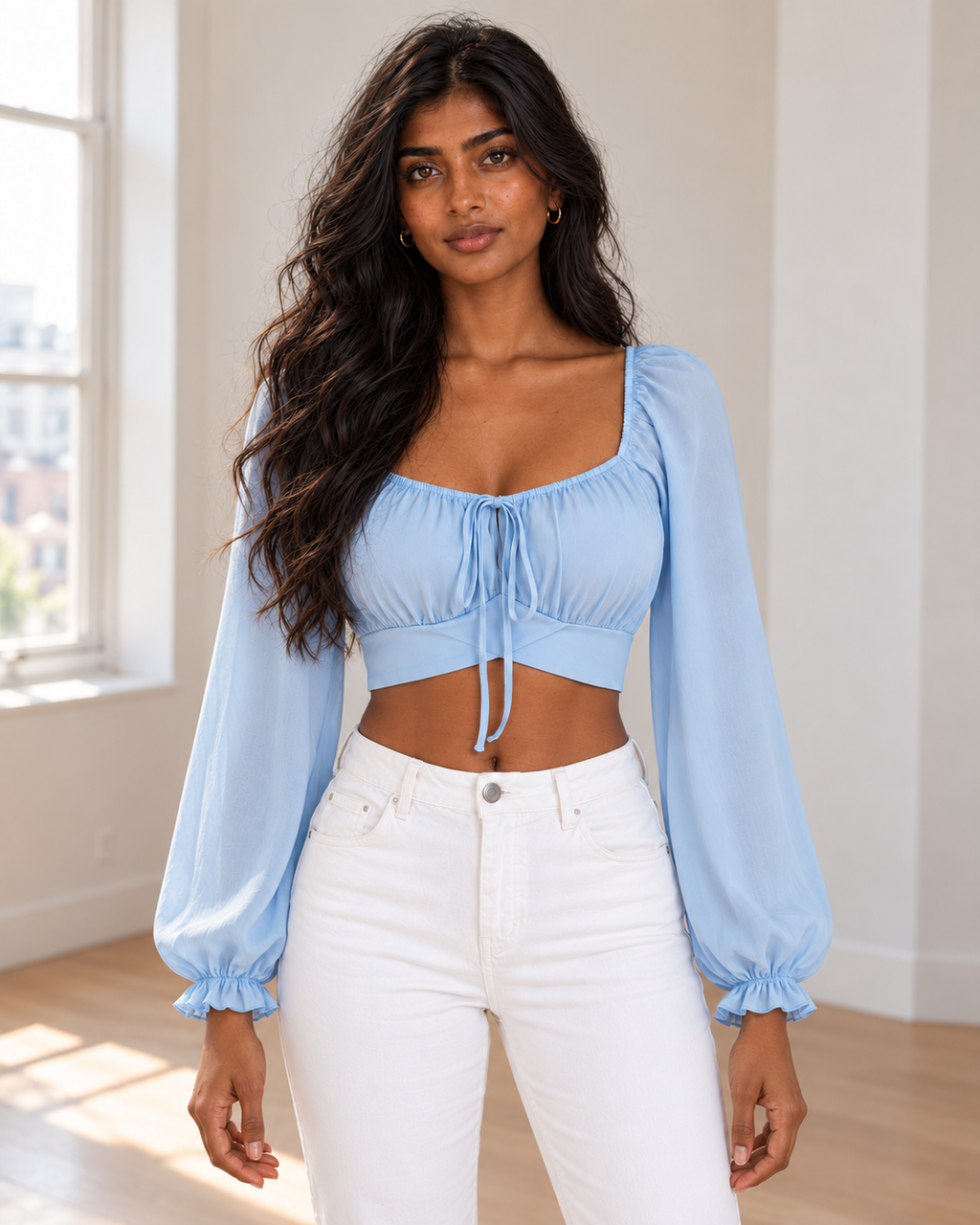 Blushenne Square-Neck Cropped Blouse, Pastel Blue, matching original hero model and background, pose 1