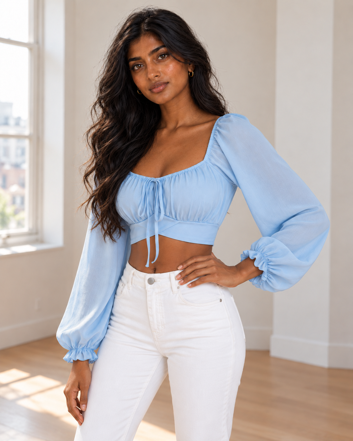 Blushenne Square-Neck Cropped Blouse, Pastel Blue, matching original hero model and background, pose 2