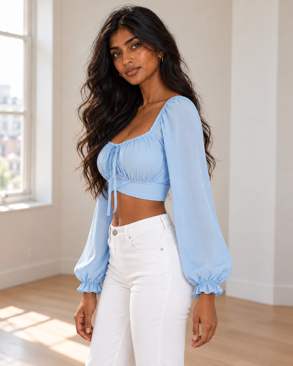 Blushenne Square-Neck Cropped Blouse, Pastel Blue, matching original hero model and background, pose 3