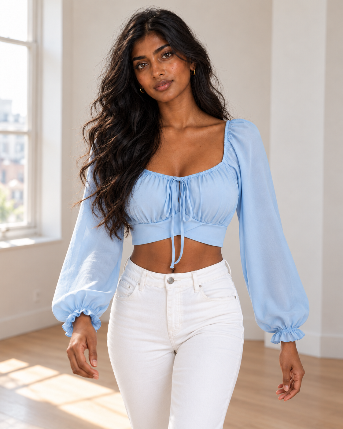 Blushenne Square-Neck Cropped Blouse, Pastel Blue, matching original hero model and background, pose 4