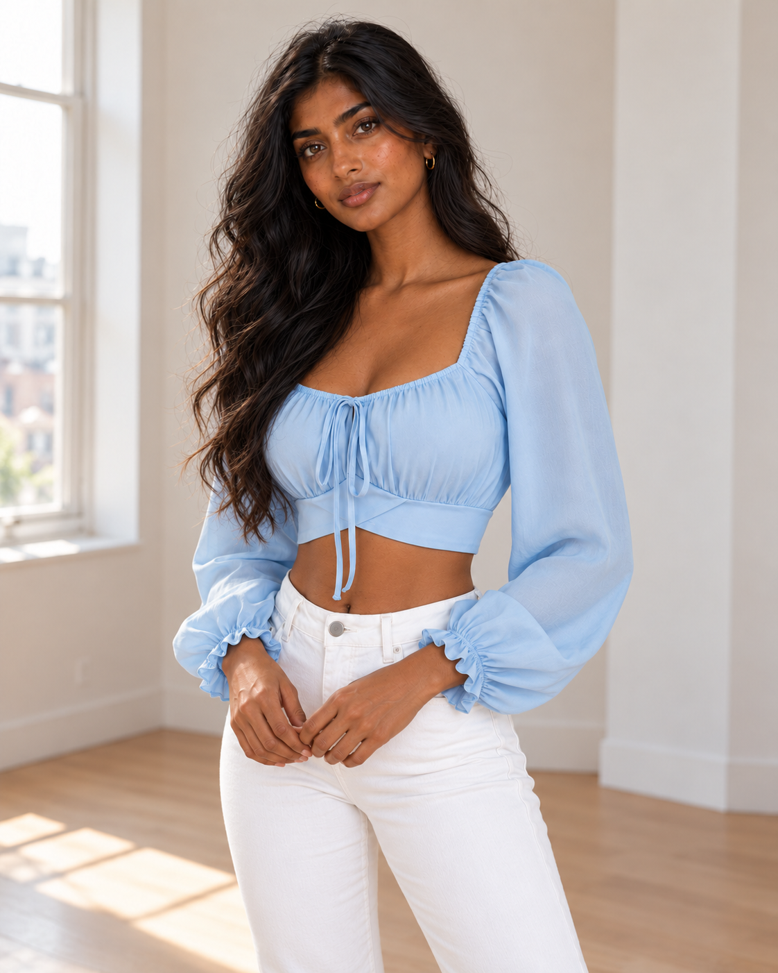 Blushenne Square-Neck Cropped Blouse, Pastel Blue, matching original hero model and background, pose 5