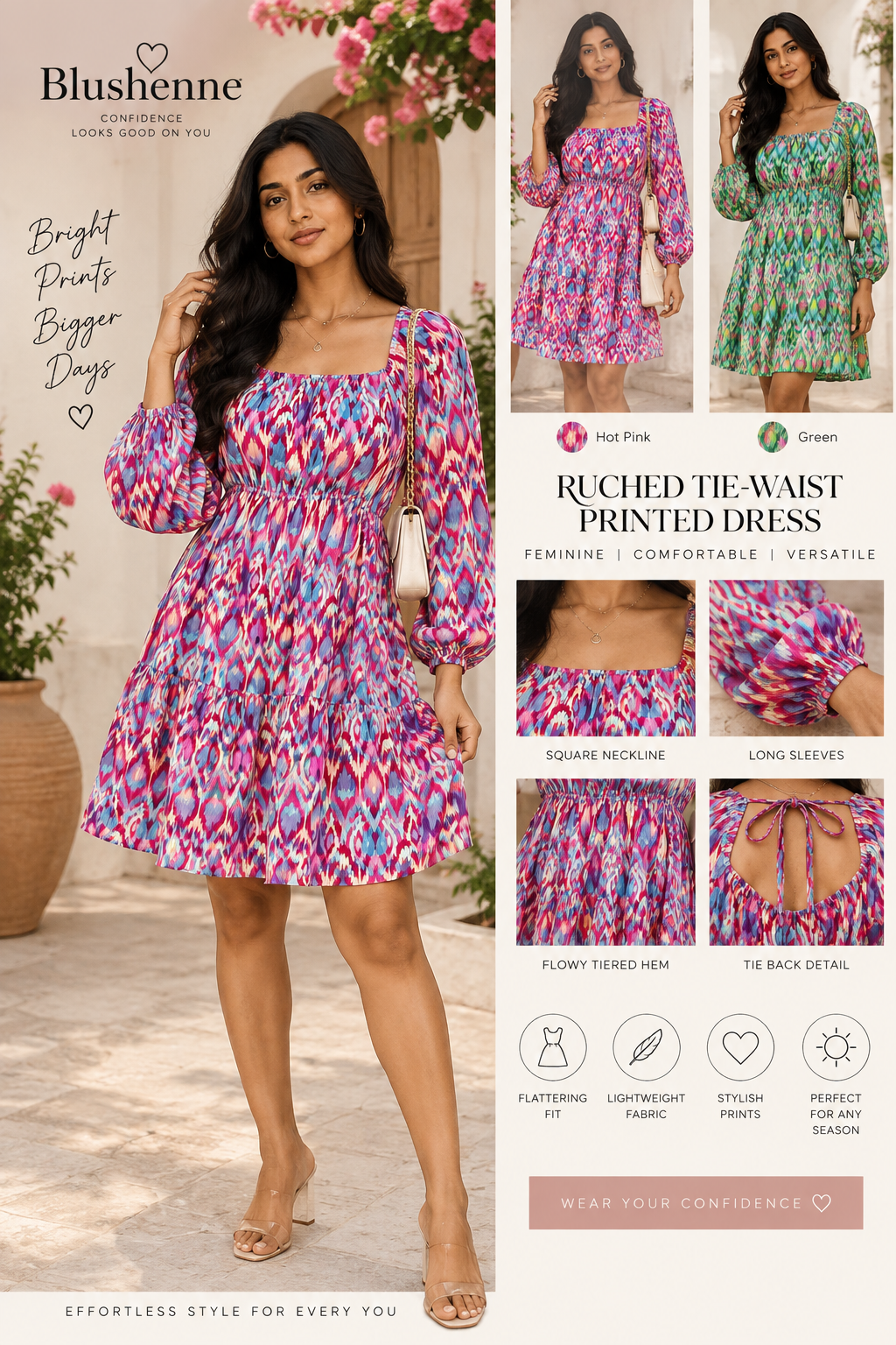 Blushenne printed long sleeve dress in hot pink