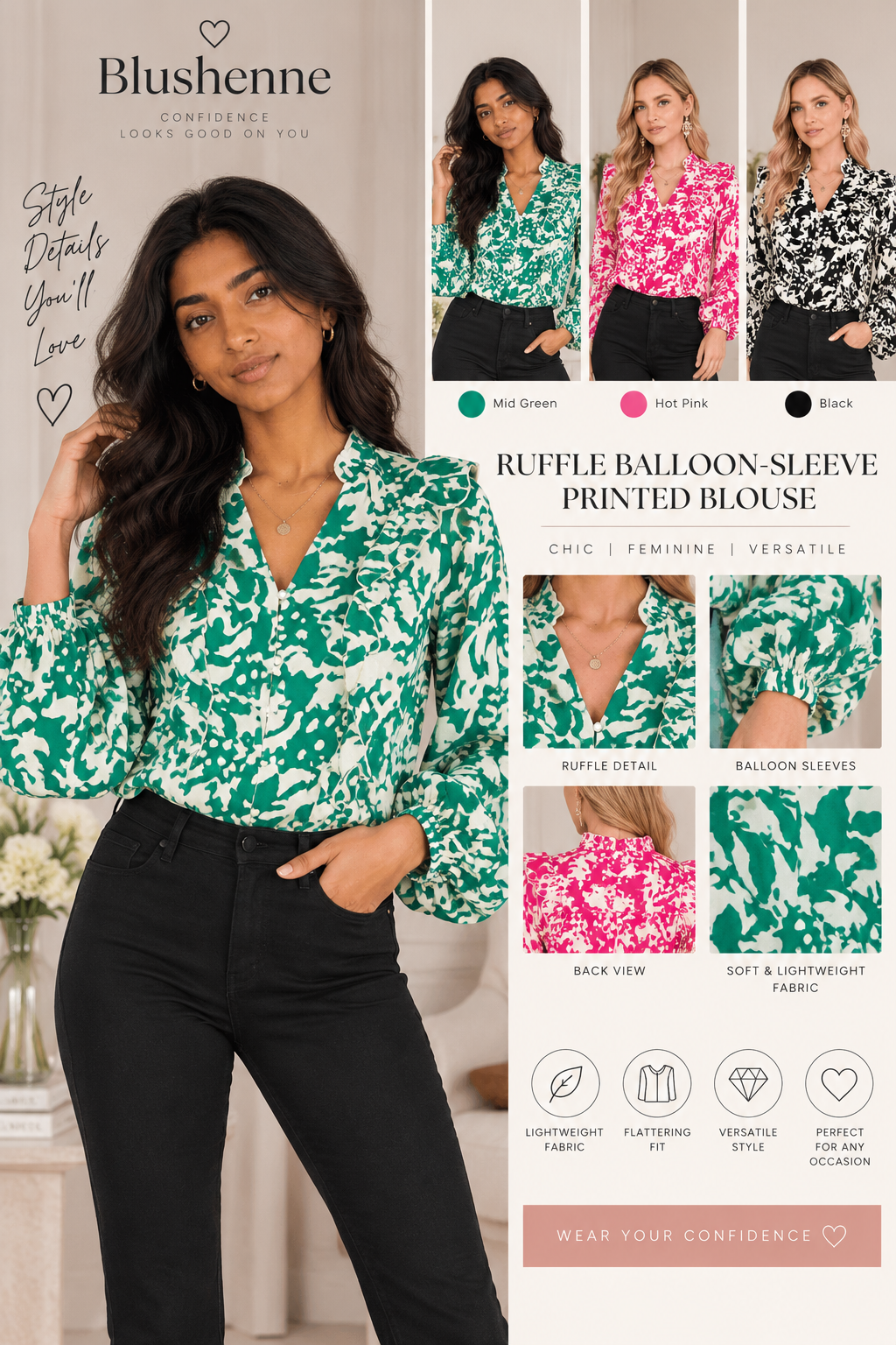 Blushenne ruffle balloon-sleeve printed blouse in mid green