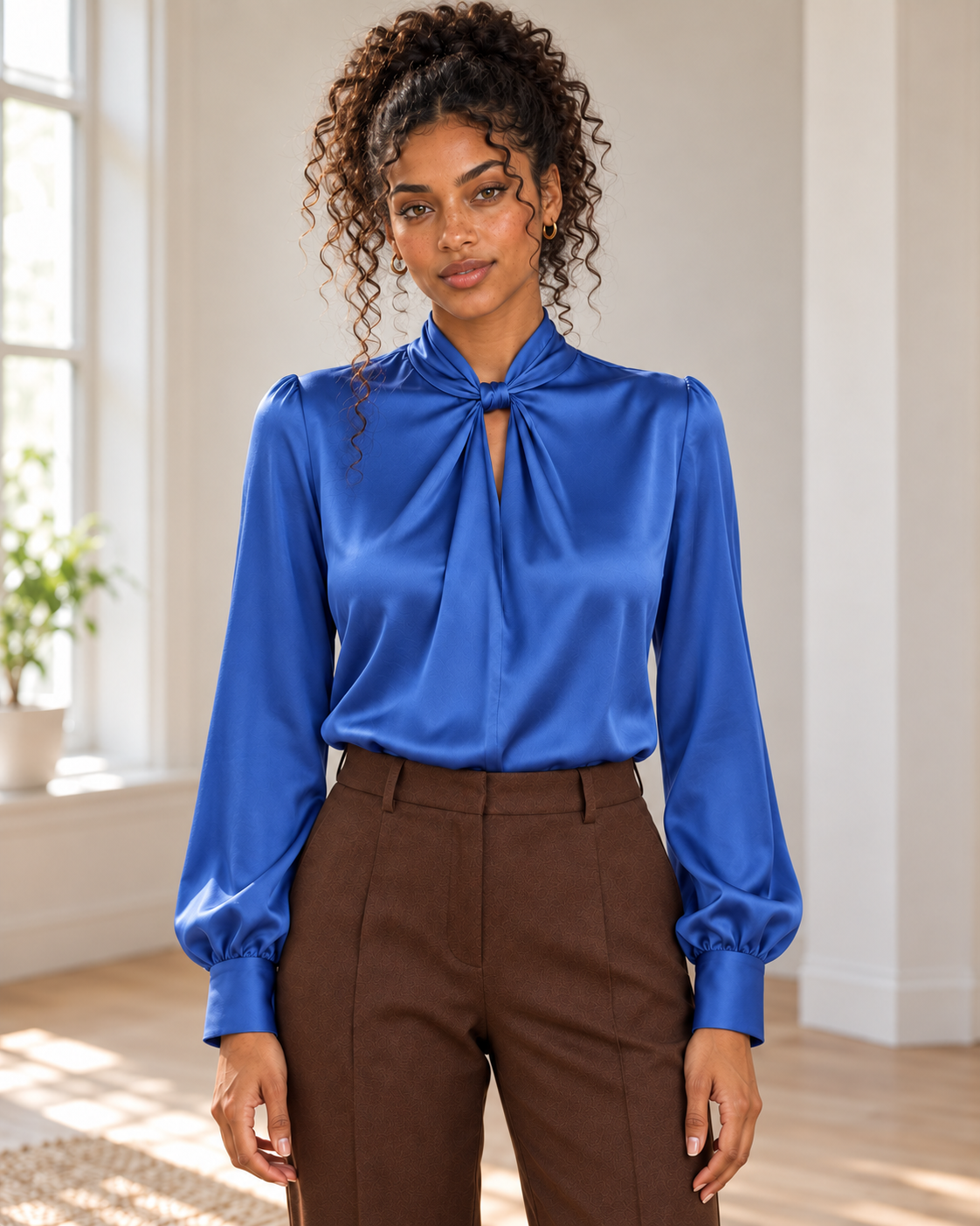 Satin Twist-Front Blouse in Blue, matching original hero model and background, pose 1