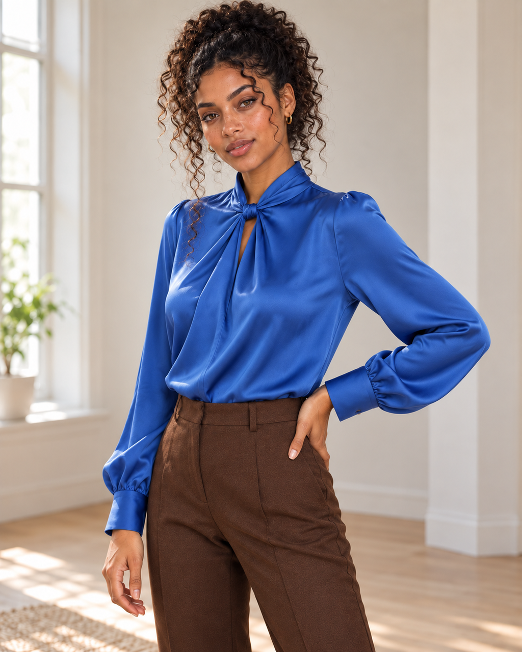 Satin Twist-Front Blouse in Blue, matching original hero model and background, pose 2