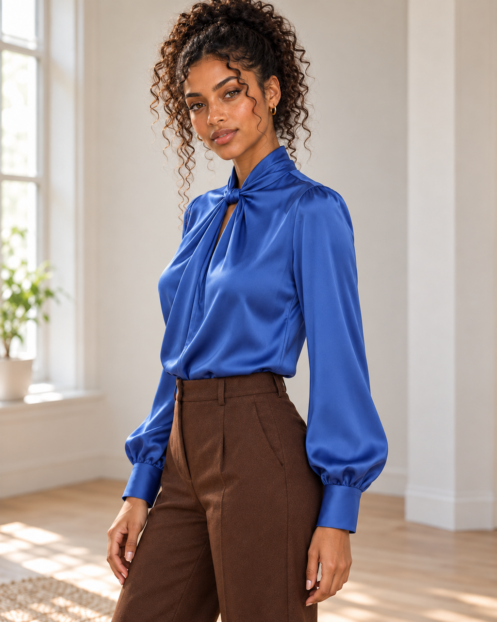 Satin Twist-Front Blouse in Blue, matching original hero model and background, pose 3