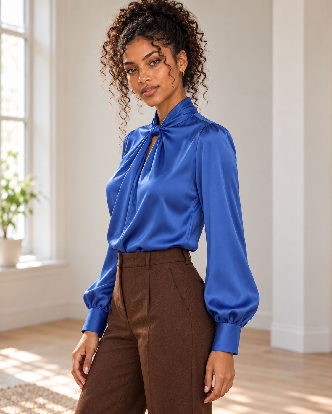 Satin Twist-Front Blouse in Blue, matching original hero model and background, pose 3