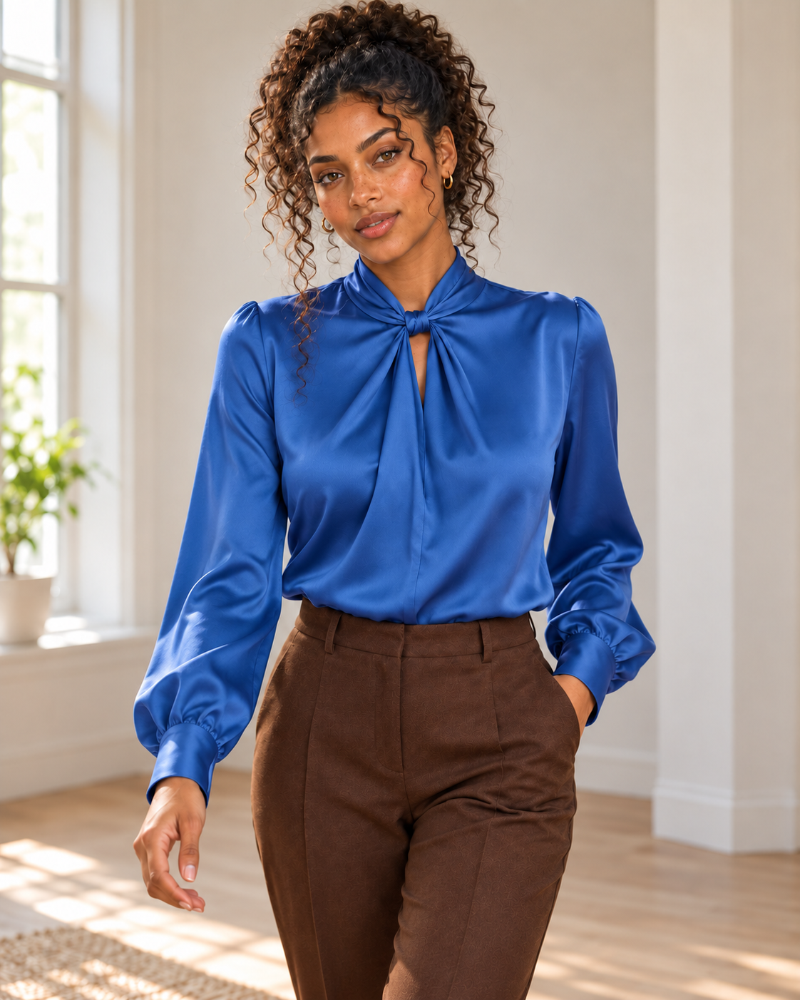 Satin Twist-Front Blouse in Blue, matching original hero model and background, pose 4