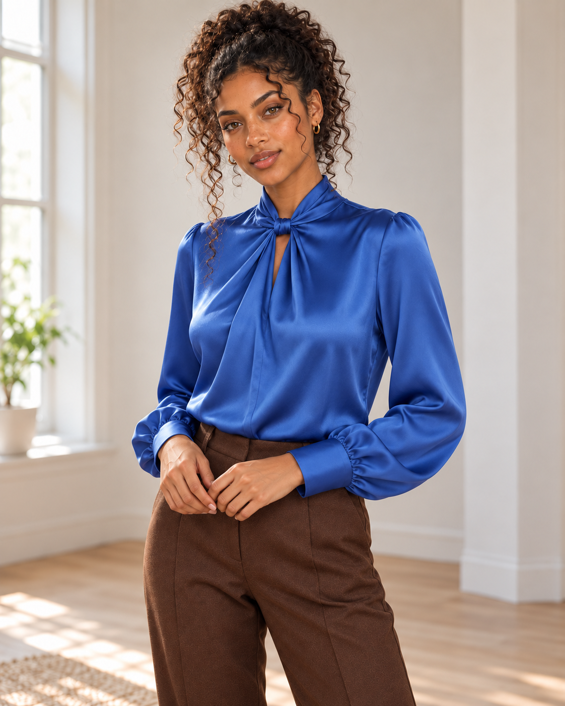Satin Twist-Front Blouse in Blue, matching original hero model and background, pose 5