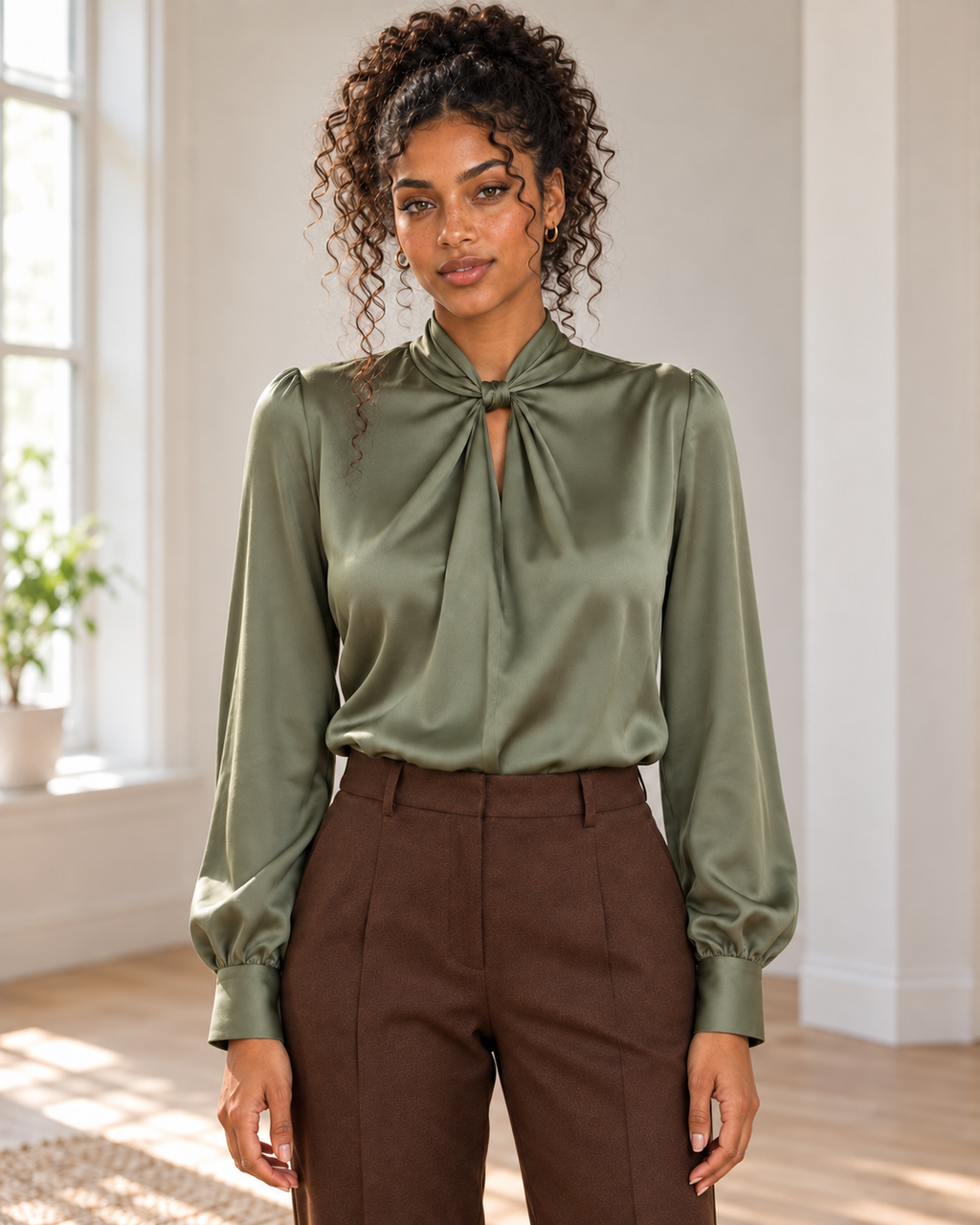 Blushenne Satin Twist-Front Blouse — original hero model and room, pose 1