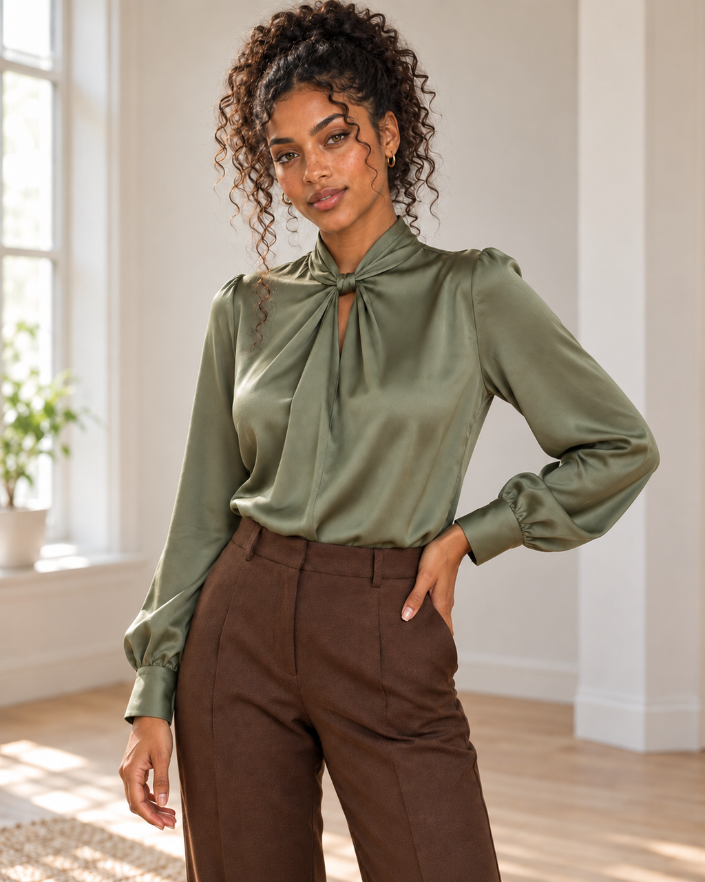 Blushenne Satin Twist-Front Blouse — original hero model and room, pose 2