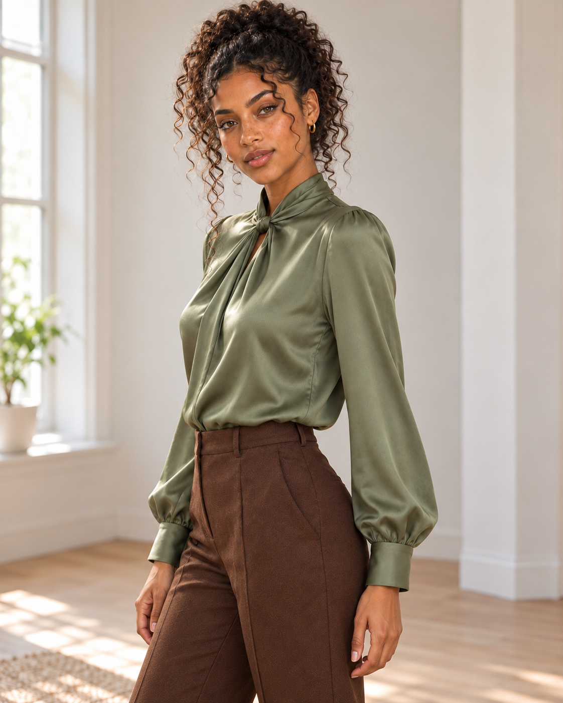 Blushenne Satin Twist-Front Blouse — original hero model and room, pose 3
