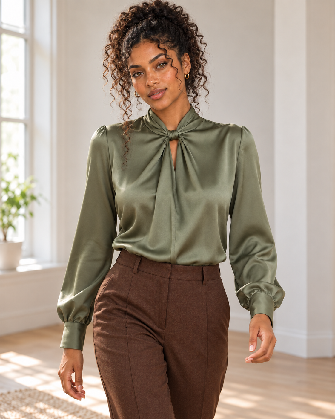 Blushenne Satin Twist-Front Blouse — original hero model and room, pose 4