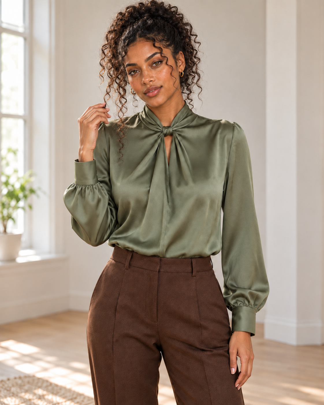 Blushenne Satin Twist-Front Blouse — original hero model and room, pose 5