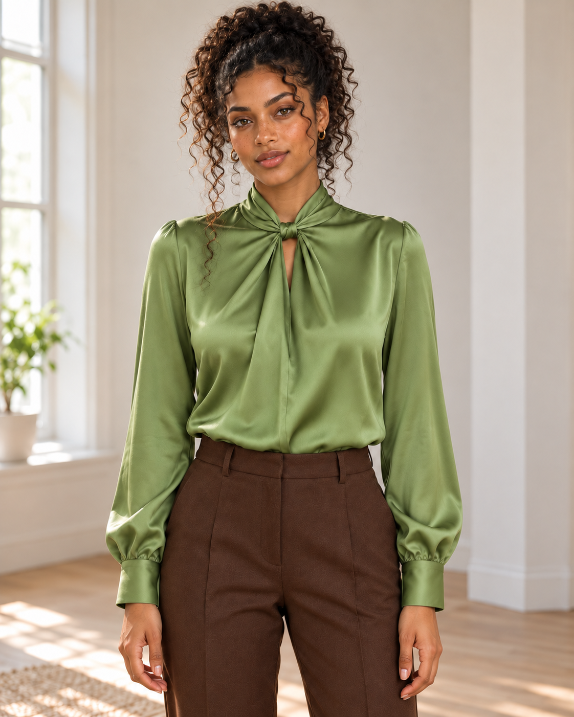 Satin Twist-Front Blouse in Green, matching original hero model and background, pose 1