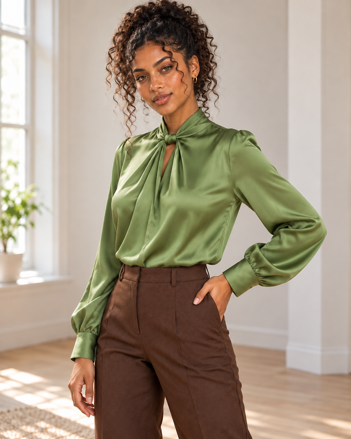 Satin Twist-Front Blouse in Green, matching original hero model and background, pose 2