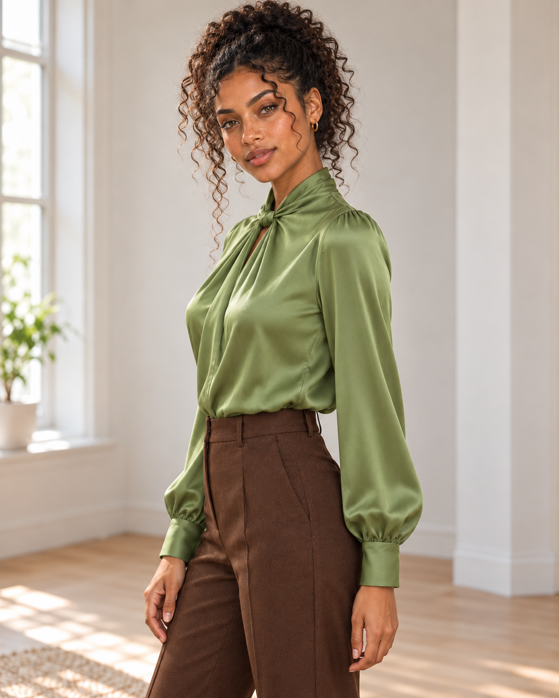 Satin Twist-Front Blouse in Green, matching original hero model and background, pose 3
