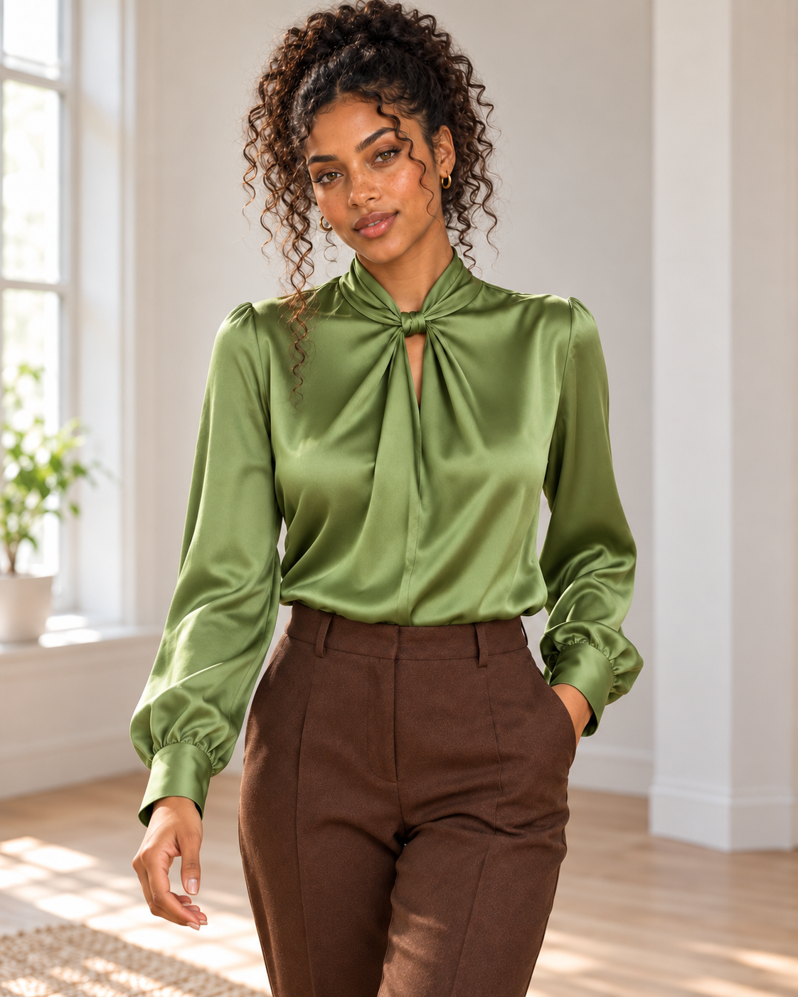 Satin Twist-Front Blouse in Green, matching original hero model and background, pose 4