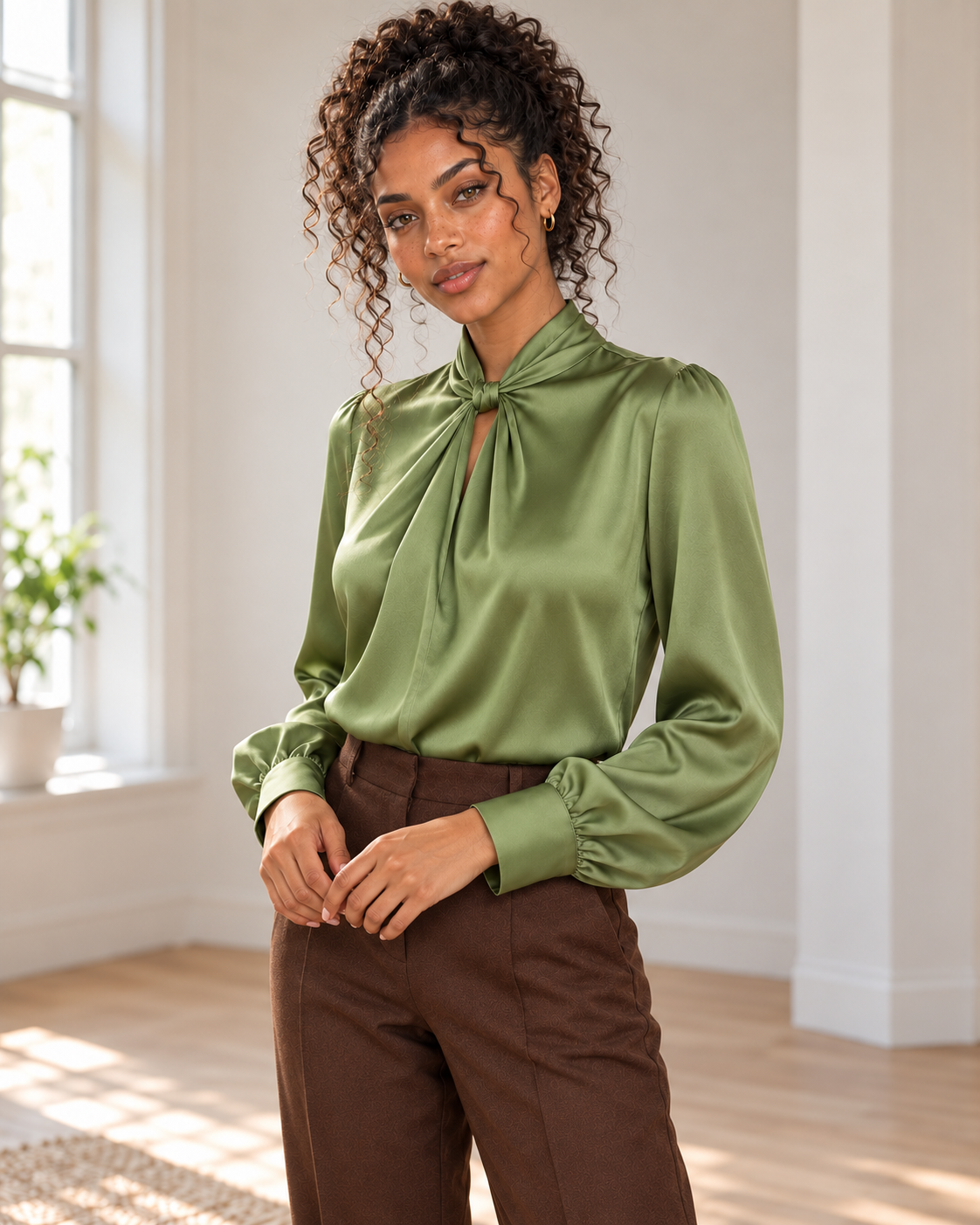 Satin Twist-Front Blouse in Green, matching original hero model and background, pose 5