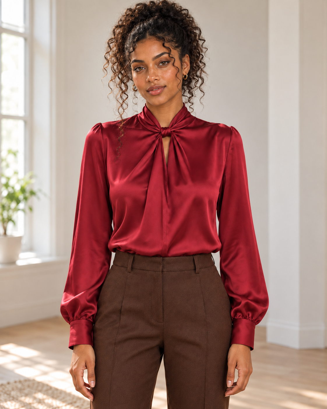 Satin Twist-Front Blouse in Red, matching original hero model and background, pose 1