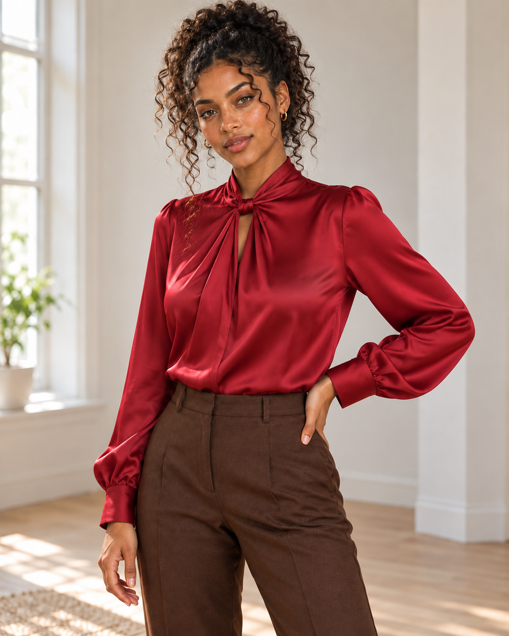 Satin Twist-Front Blouse in Red, matching original hero model and background, pose 2