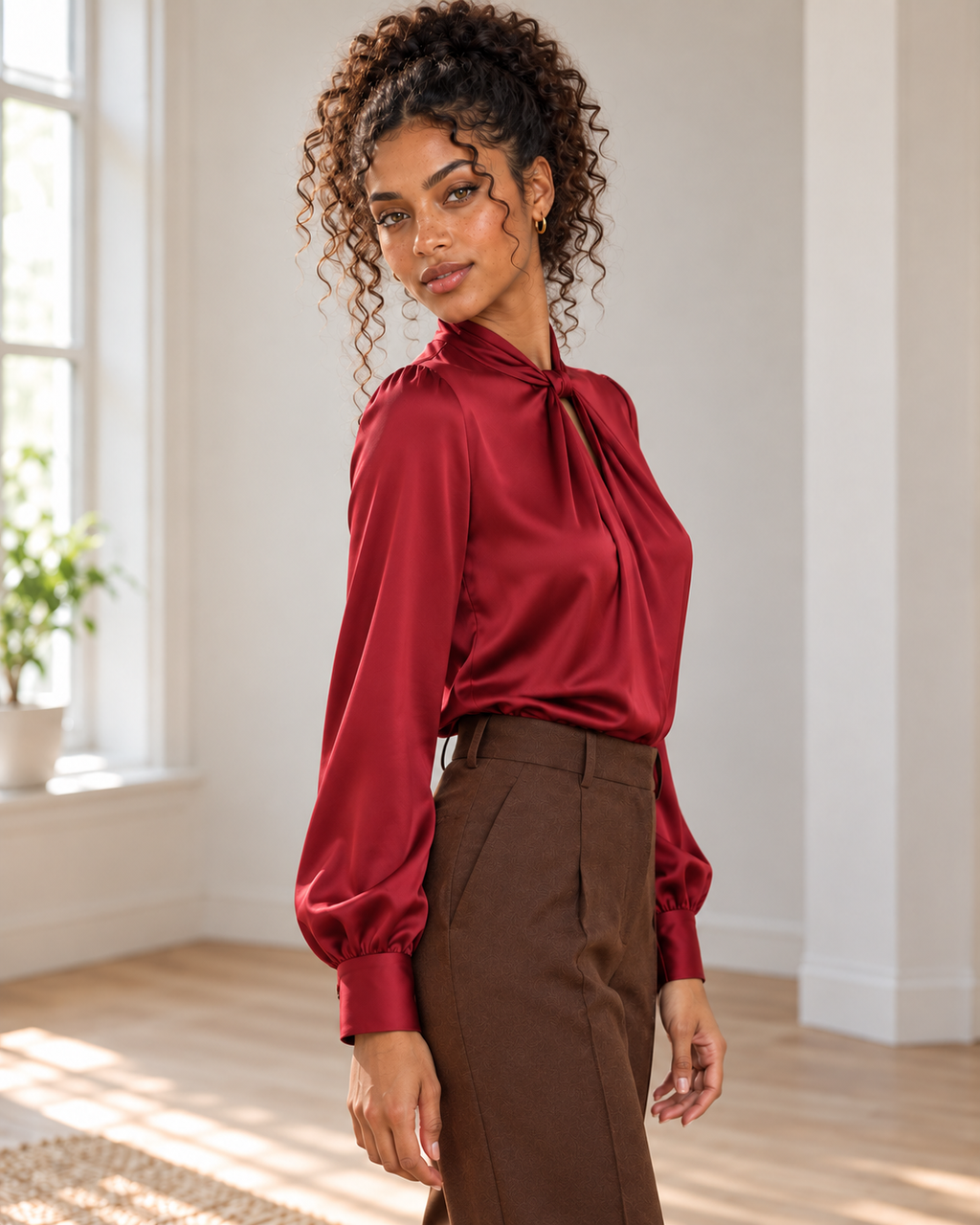 Satin Twist-Front Blouse in Red, matching original hero model and background, pose 3