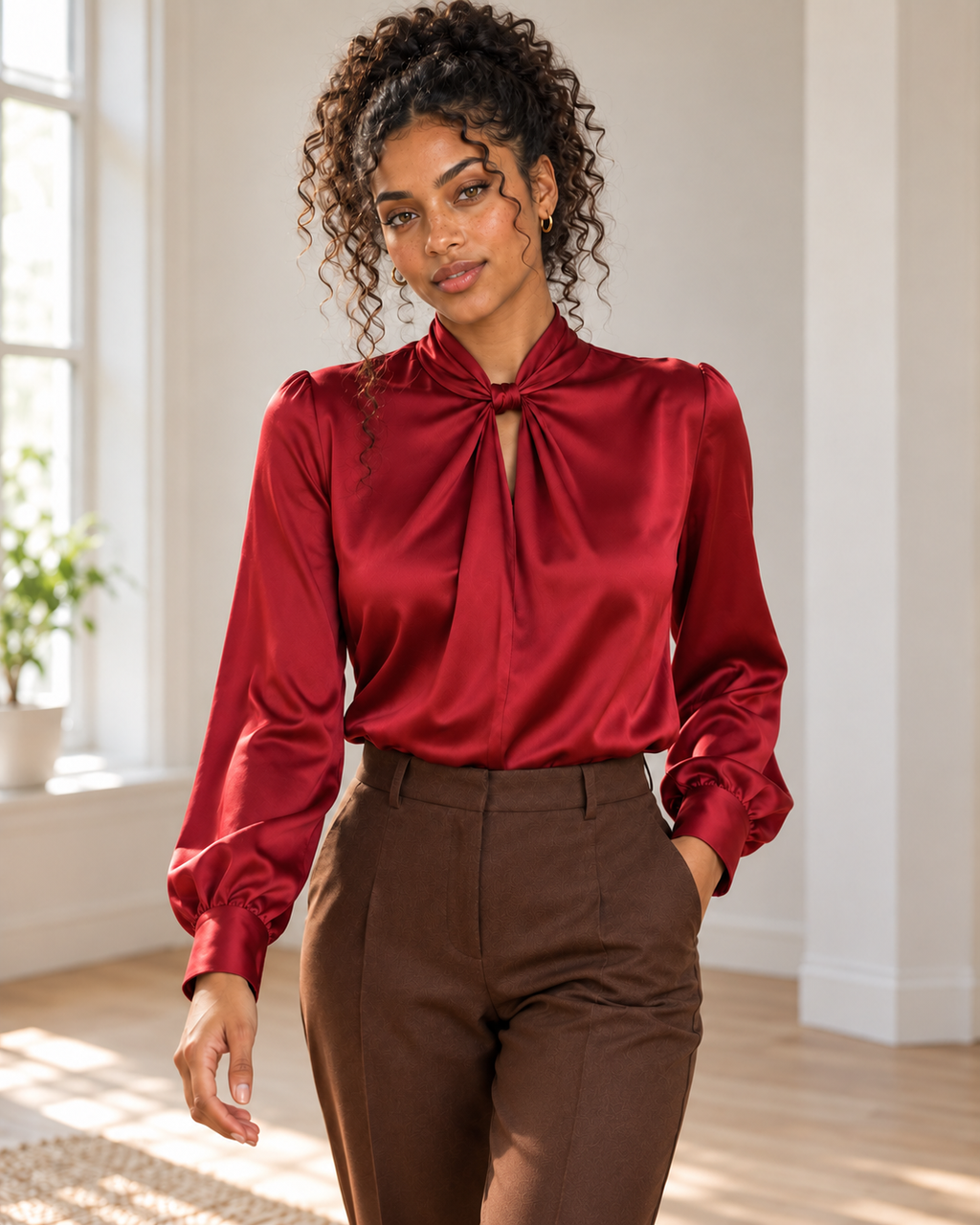 Satin Twist-Front Blouse in Red, matching original hero model and background, pose 4