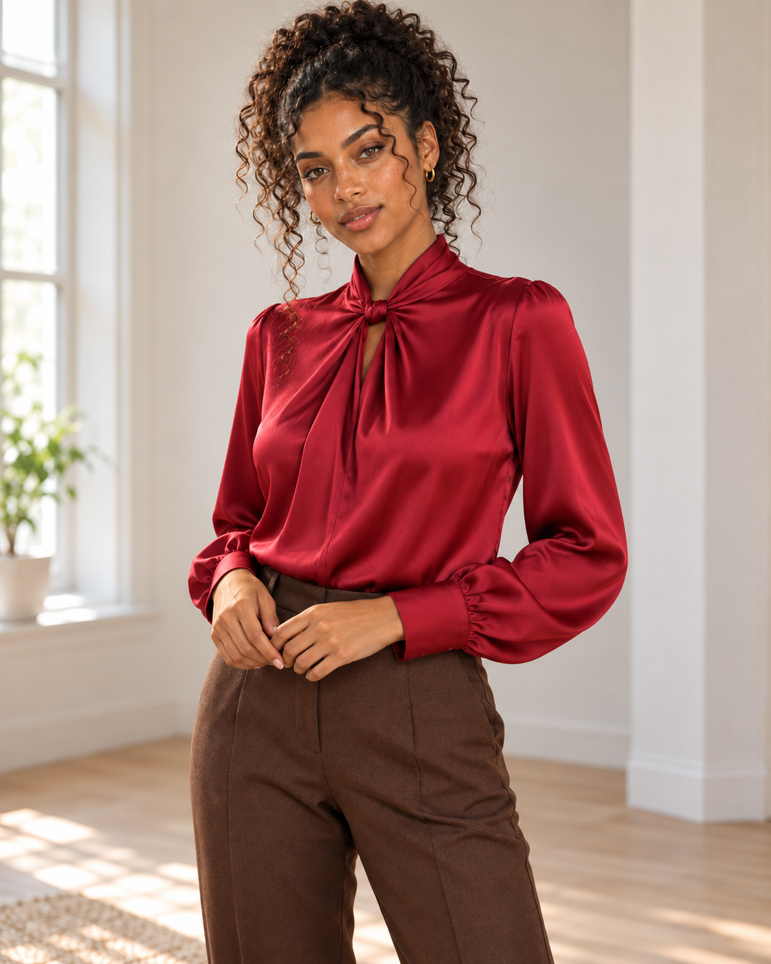 Satin Twist-Front Blouse in Red, matching original hero model and background, pose 5