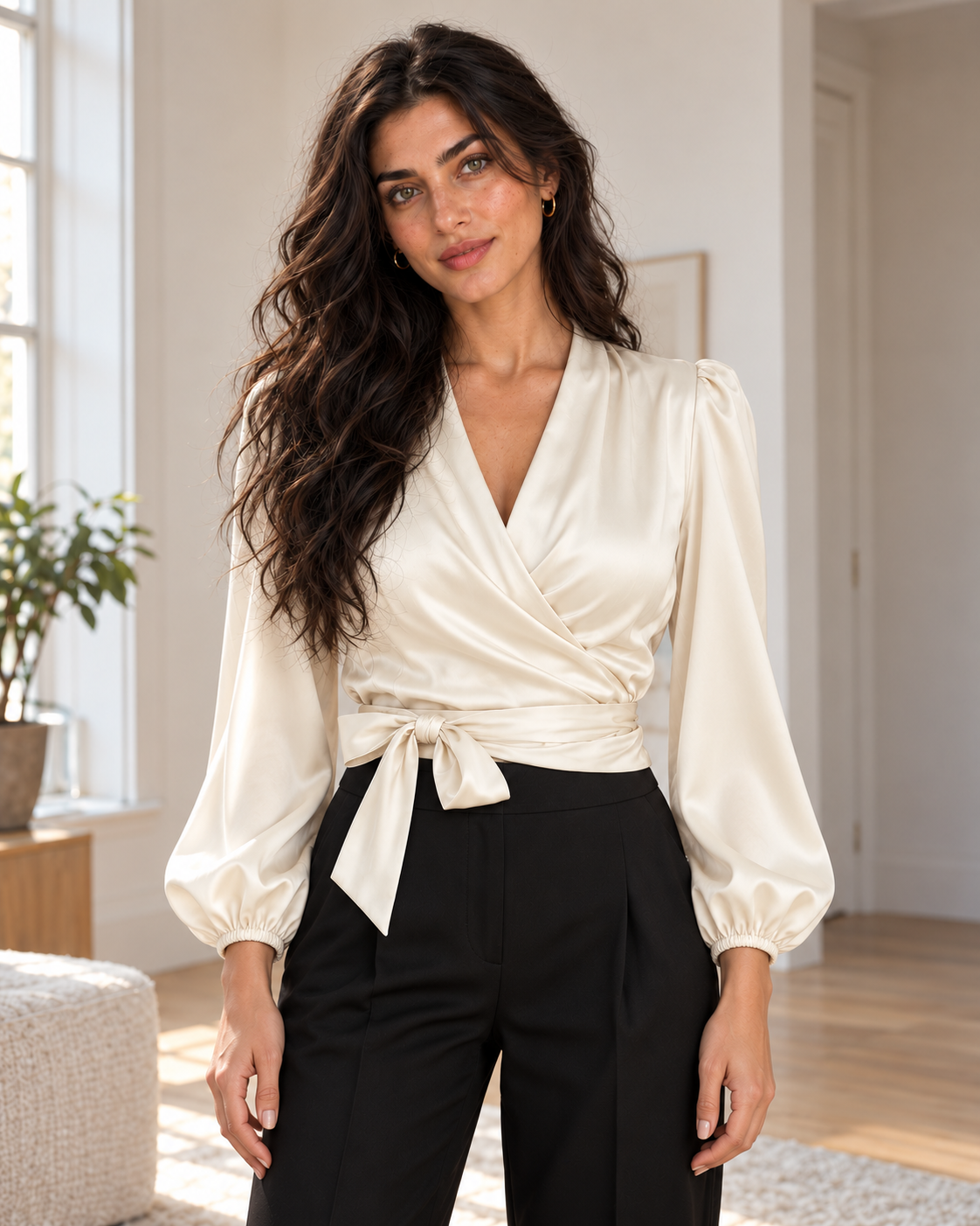 Satin Wrap Bow Blouse in Cream, matching original hero model and room, pose 1