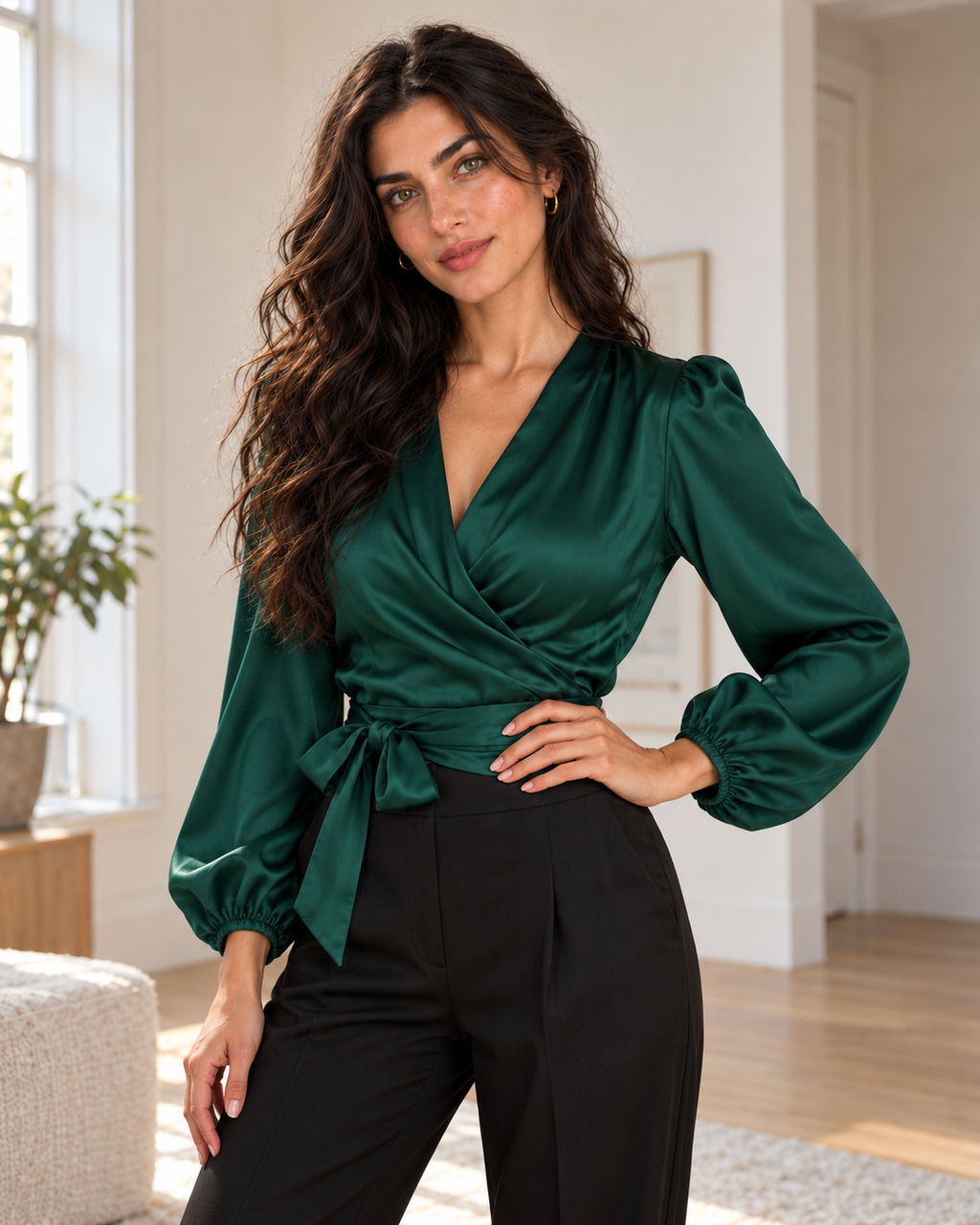 Satin Wrap Bow Blouse in Dark Green, matching original hero model and room, pose 2