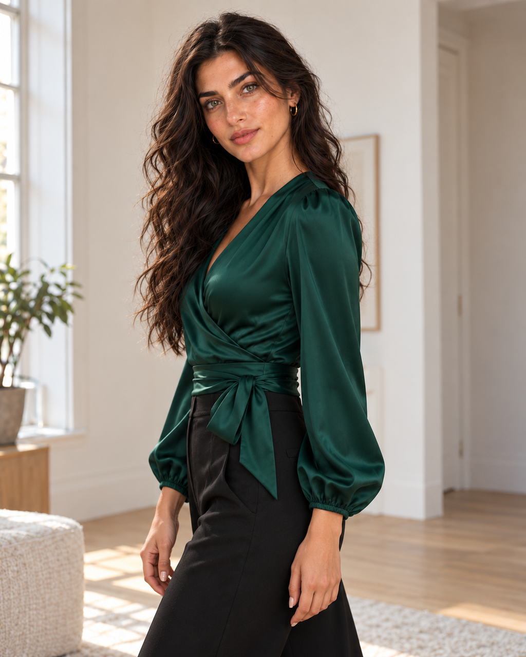 Satin Wrap Bow Blouse in Dark Green, matching original hero model and room, pose 3