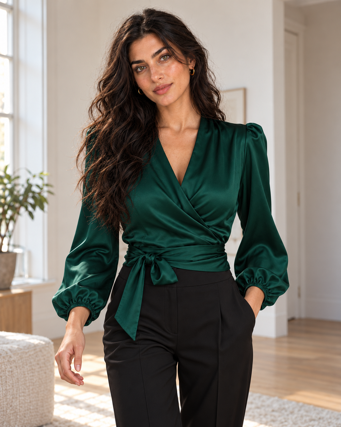 Satin Wrap Bow Blouse in Dark Green, matching original hero model and room, pose 4