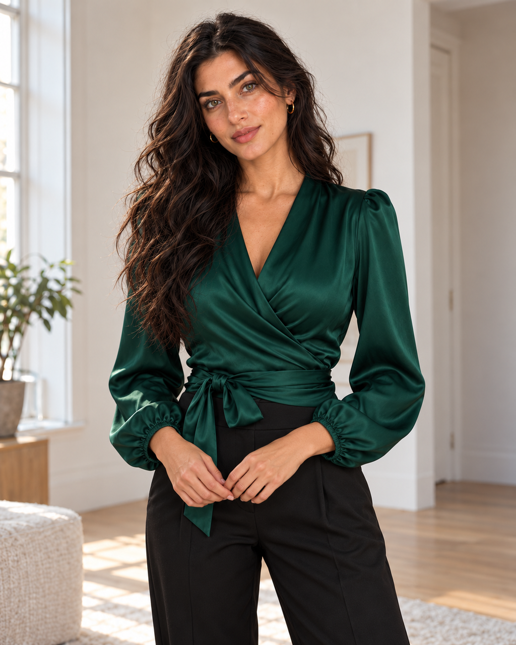 Satin Wrap Bow Blouse in Dark Green, matching original hero model and room, pose 5