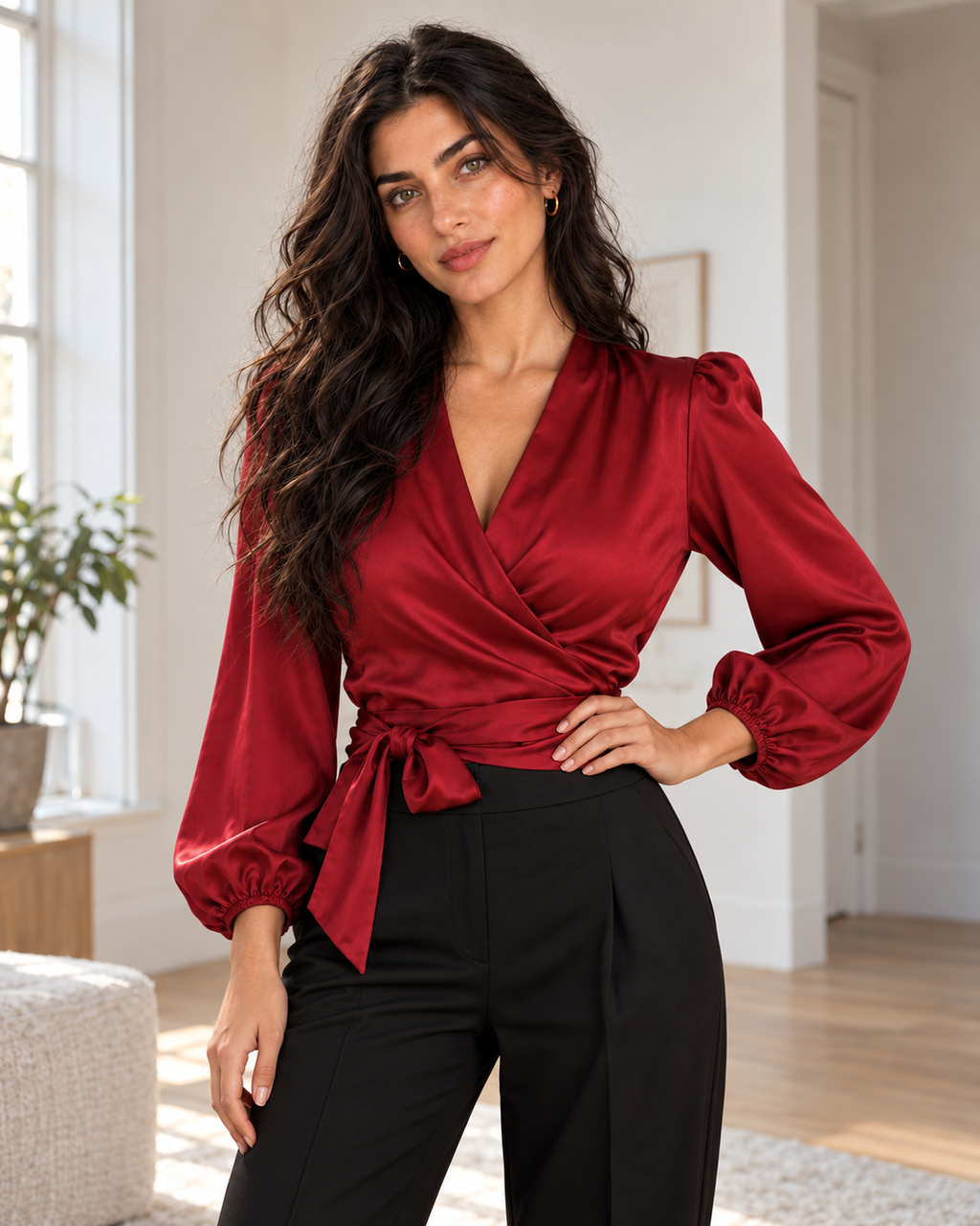 Blushenne Satin Wrap Bow Blouse — matching hero model and room, pose 2
