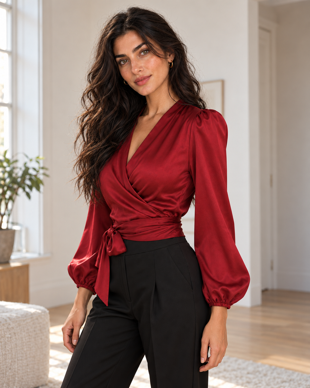 Blushenne Satin Wrap Bow Blouse — matching hero model and room, pose 3