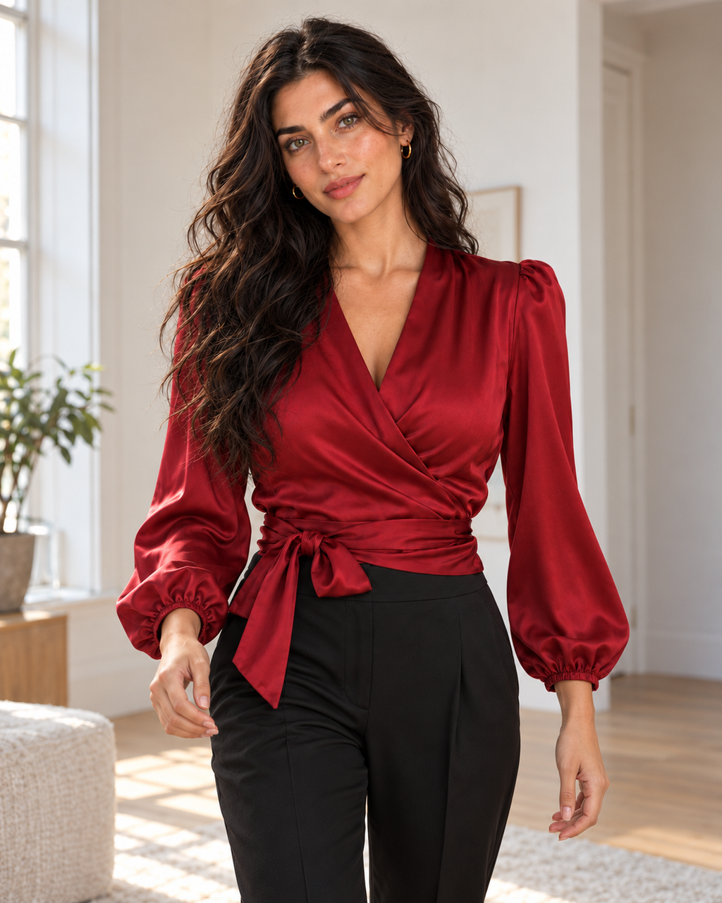 Blushenne Satin Wrap Bow Blouse — matching hero model and room, walking pose