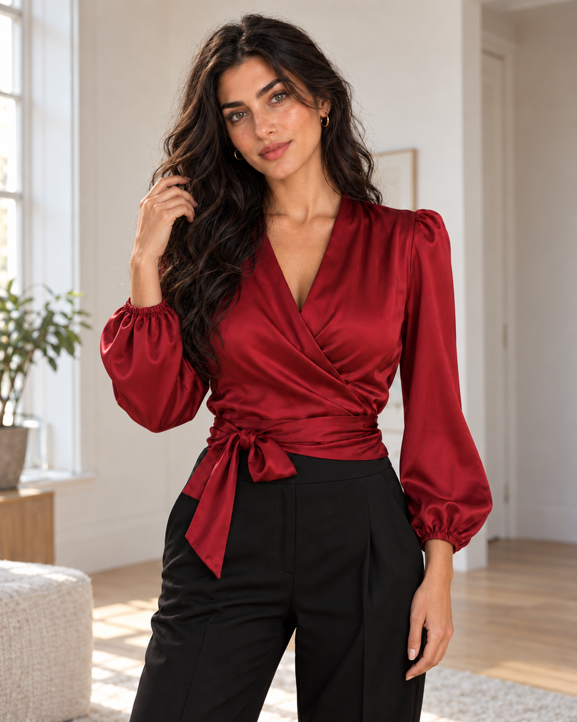 Blushenne Satin Wrap Bow Blouse — matching hero model and room, pose 5
